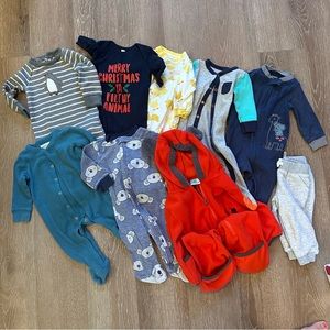 Boys 9mon Lot Footies, Rompers, Pjs, Bunting, Christmas/winter, organic cotton